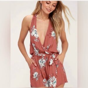 Lulu’s Rusty Rose Floral Print Halter Romper